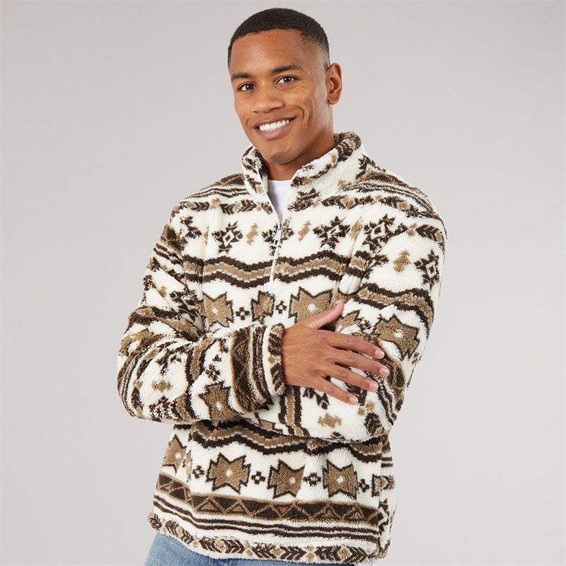 Brave Soul Herre lykins 1/4 lynlås fleece - Cream/Multi