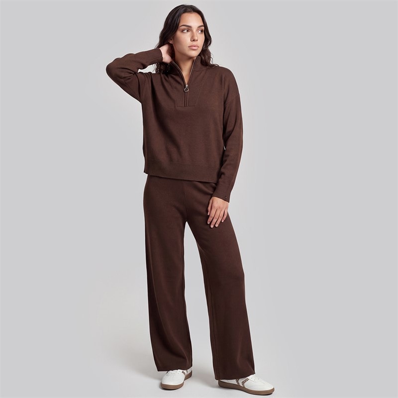 Dame joey strikket jumper og bukser med vide ben sæt Chocolate - Billede 3