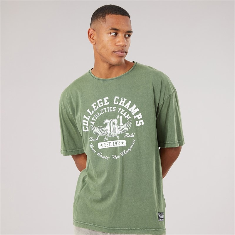 Brave Soul Herre elsdon afslappet pasform t-shirt med rund hals - Dark Green Acid Wash