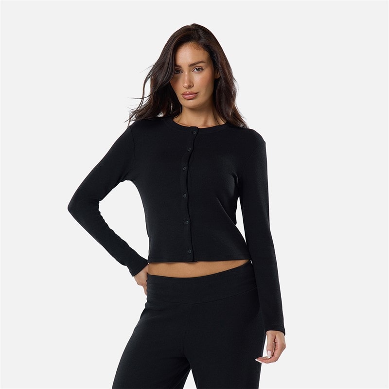 Dame ribbet knap-op top Sort - Billede 1