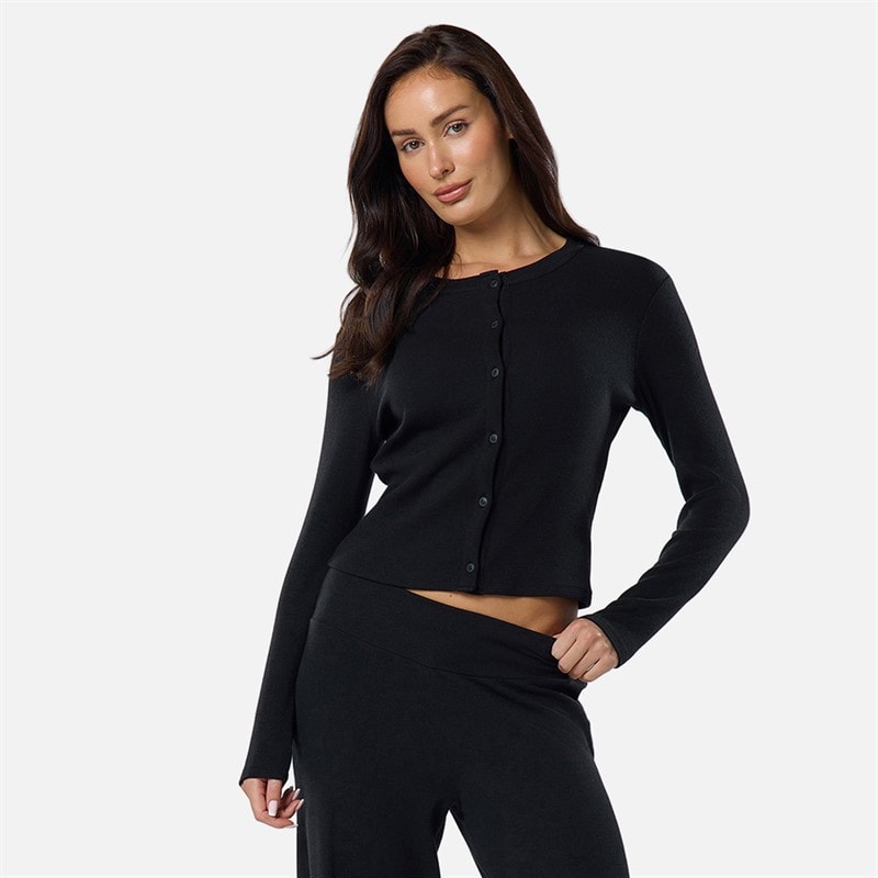 Dame ribbet knap-op top Sort - Billede 2