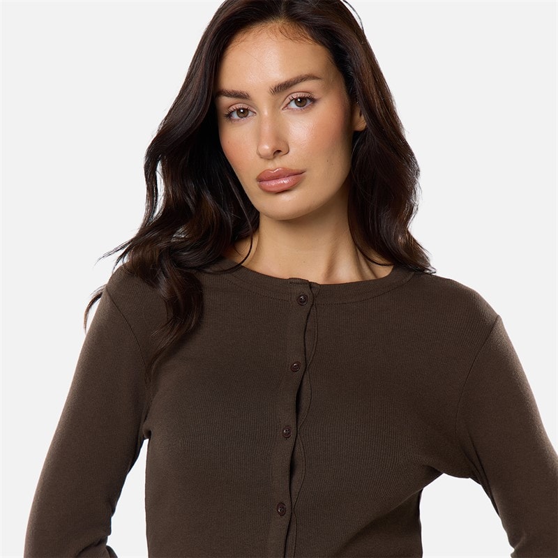Dame ribbet knap-op top Coffee - Billede 4