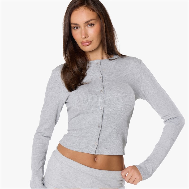 Dame ribbet knap-op top Grey Marl - Billede 1