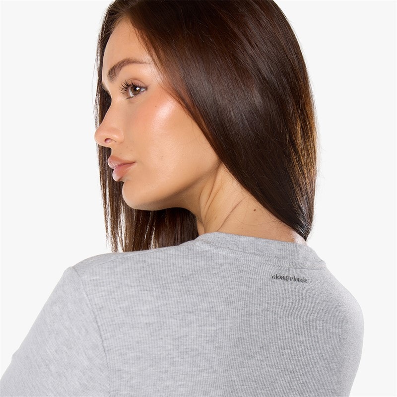 Dame ribbet knap-op top Grey Marl - Billede 4