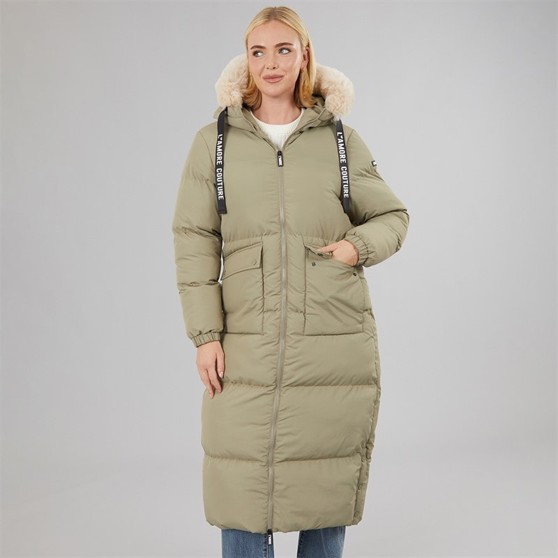 Dame iris lang vatteret frakke Khaki - Billede 3