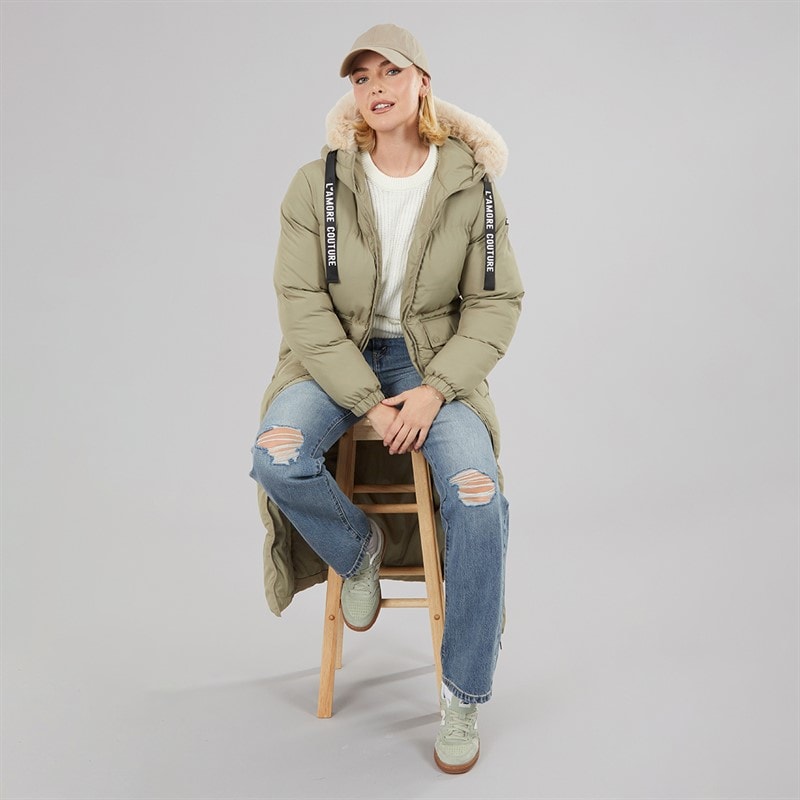 Dame iris lang vatteret frakke Khaki - Billede 4