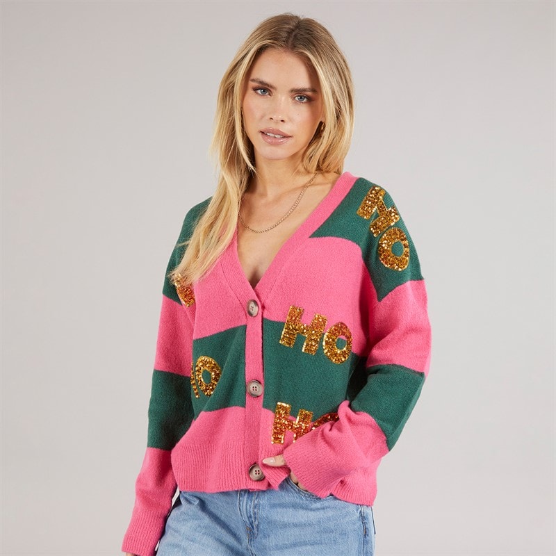 Brave Soul Dame julecardigan - Pink/Grøn Stripe
