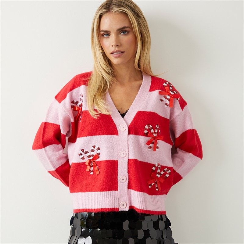 Brave Soul Dame candy bow cardigan - Rød/Rosa