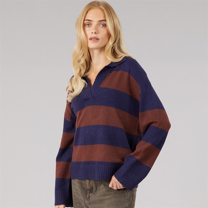 Dame ditto trophy neck jumper Marinebrunstribet - Billede 3