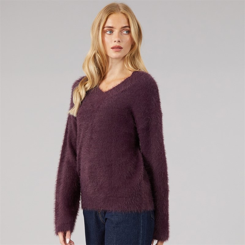 Dame brent fluffy v-hals sweater Plum - Billede 1