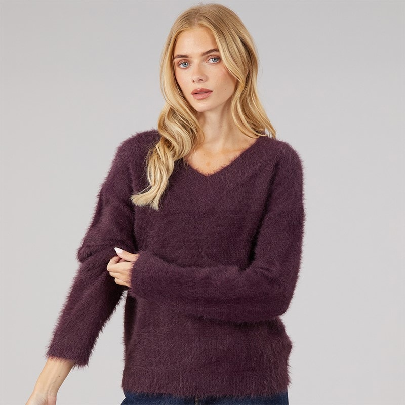 Dame brent fluffy v-hals sweater Plum - Billede 3