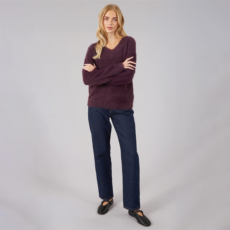 Dame brent fluffy v-hals sweater Plum - Billede 4