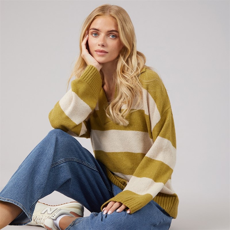 Dame ditto trophy neck jumper Olive Green/Oatmeal Stripe - Billede 1