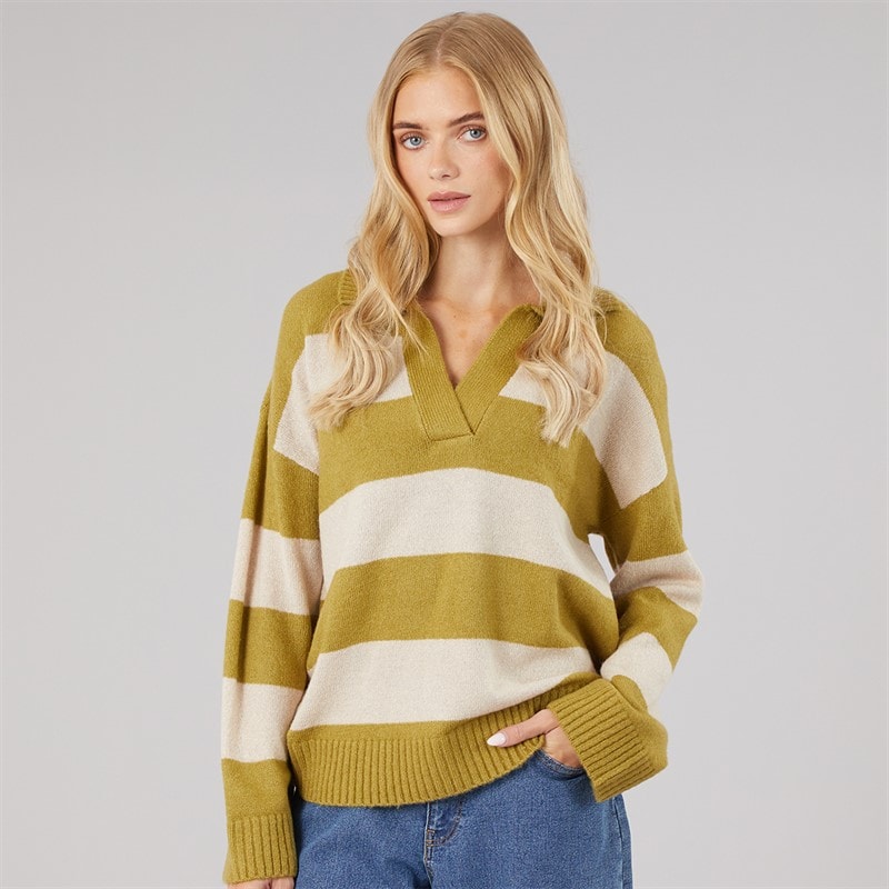 Dame ditto trophy neck jumper Olive Green/Oatmeal Stripe - Billede 3