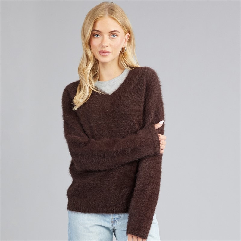 Dame brent fluffy v-hals sweater Bitter Chocolate - Billede 1