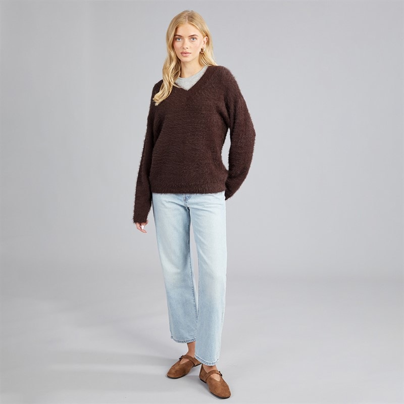 Dame brent fluffy v-hals sweater Bitter Chocolate - Billede 3