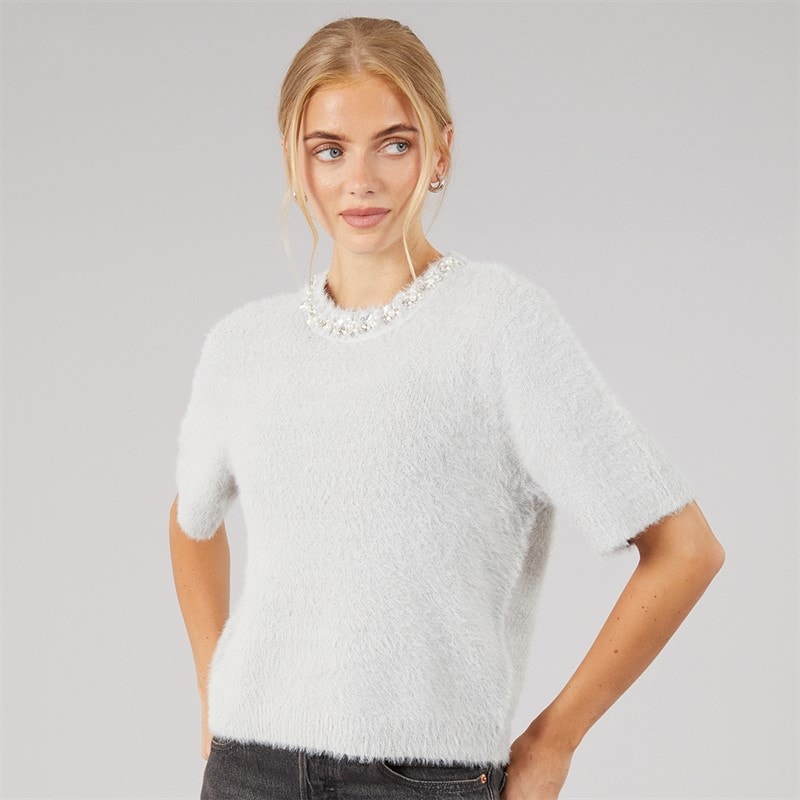 Dame crystal fluffy strik t-shirt Lysegrå - Billede 3