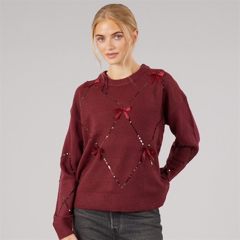 Brave Soul Dame palietter rundhalset sweater - Cherry