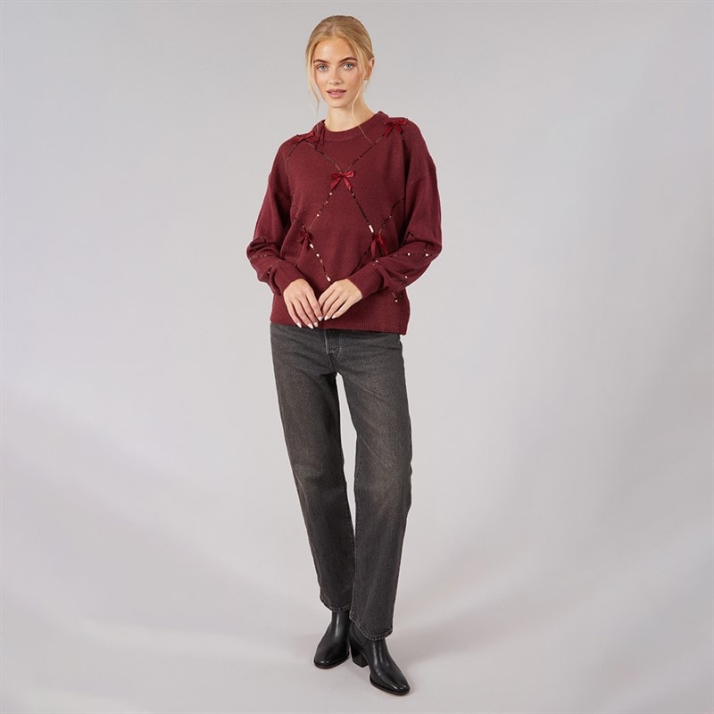 Dame palietter rundhalset sweater Cherry - Billede 3