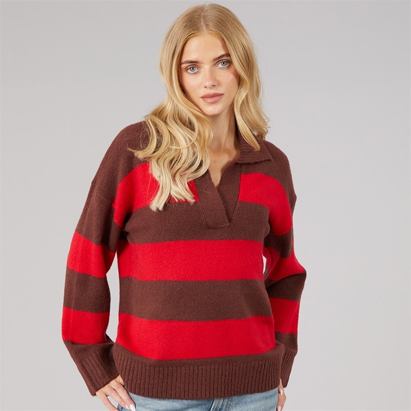 Dame ditto trophy neck jumper Brun/Red Stripe - Billede 3