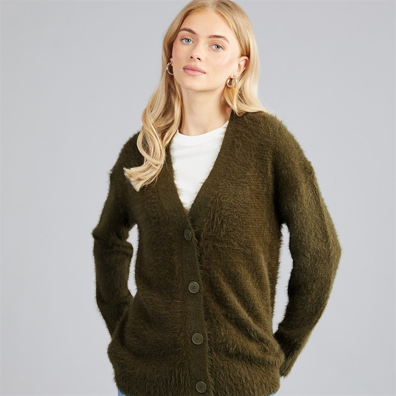 Dame v-hals fluffy cardigan Khaki - Billede 1
