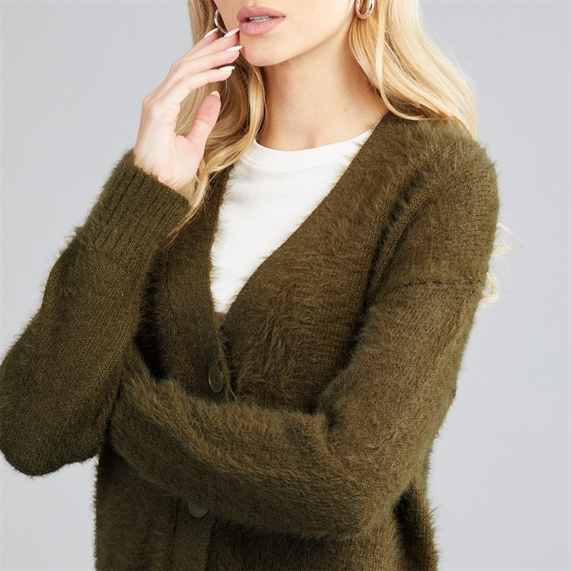 Dame v-hals fluffy cardigan Khaki - Billede 3