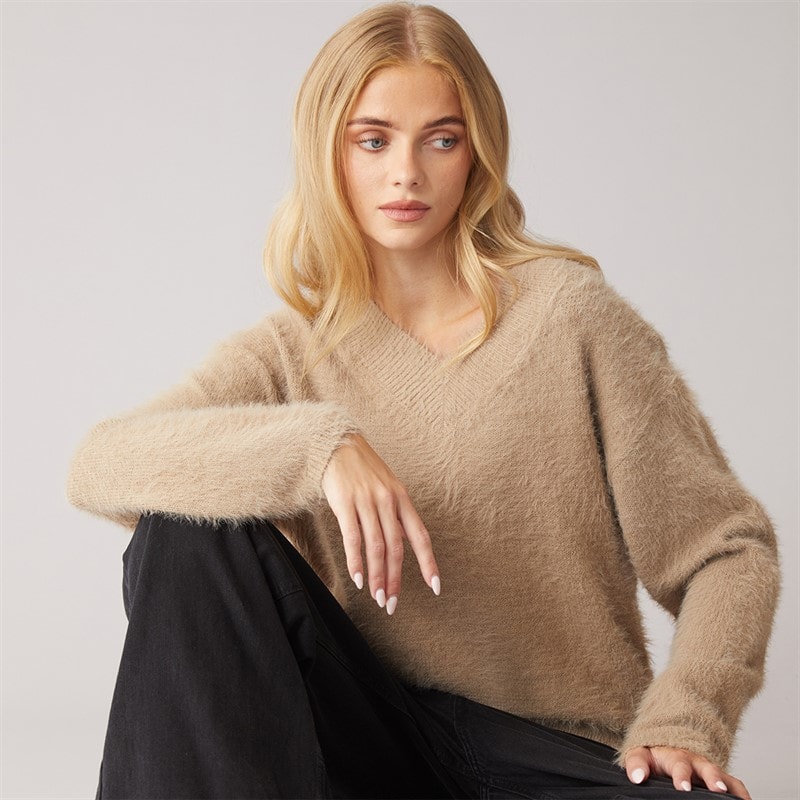 Dame brent fluffy v-hals sweater Mink - Billede 1