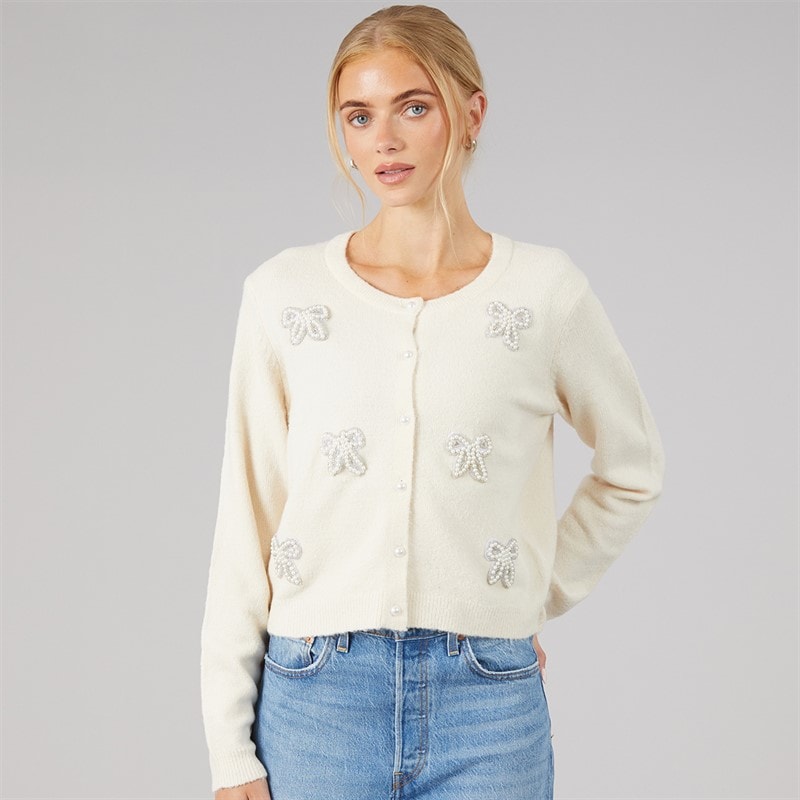 Brave Soul Dame perle sløjfe cardigan - Ivory