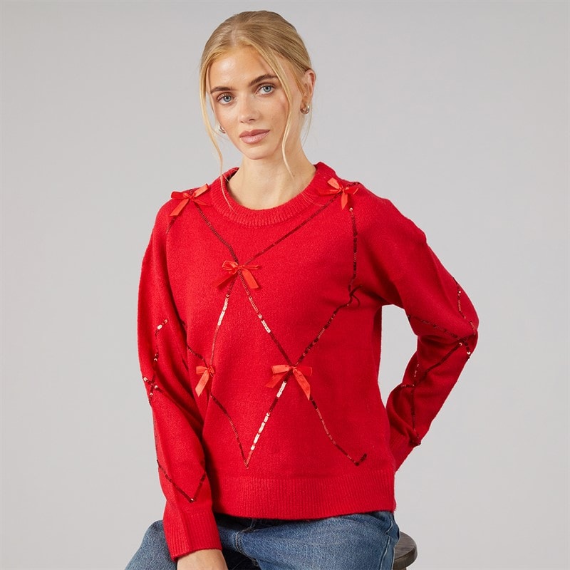 Brave Soul Dame palietter rundhalset sweater - Rød