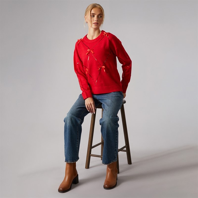 Dame palietter rundhalset sweater Rød - Billede 3