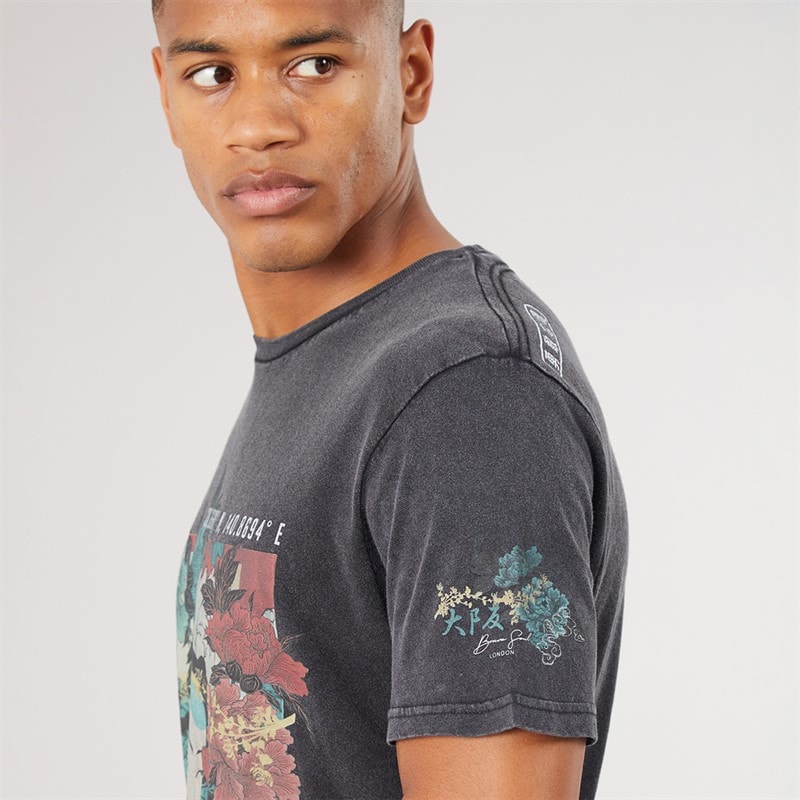 Herre oshima t-shirt med rund hals og korte ærmer med print Jet Black Acid Wash/Multi Colour Print - Billede 3