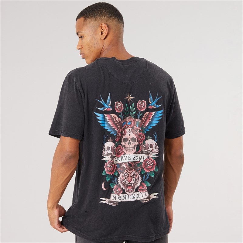 Herre Molloy afslappet pasform t-shirt med rund hals Black Acid Wash/Multi Colour Print - Billede 2