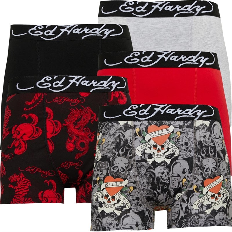 Herre novum fempak boxershorts Sort AOP/Rød/Sort AOP/Sort/Grå Melange - Billede 1