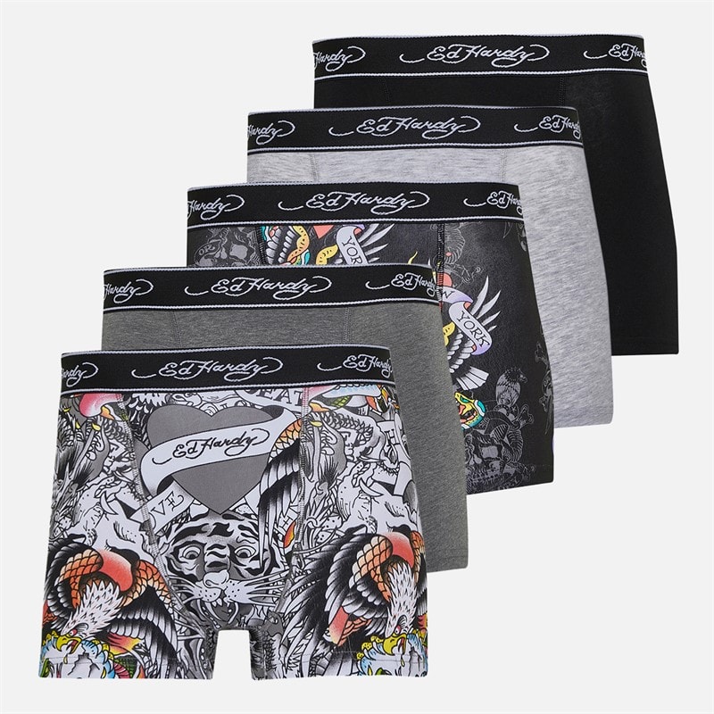 Ed Hardy Herre harrop fem-pak boxershorts - Sort AOP/Grå Melange/Sort/Hvid AOP/Charcoal Melange