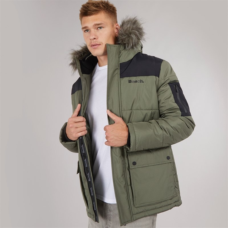 Bench Herre tillor parka med hætte og pelskant, vatteret - Khaki/Sort