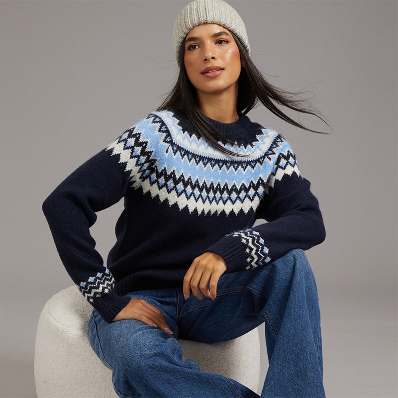 Board Angels Dame fairisle rundhalset sweater - Marineblå/Blå/Ivory