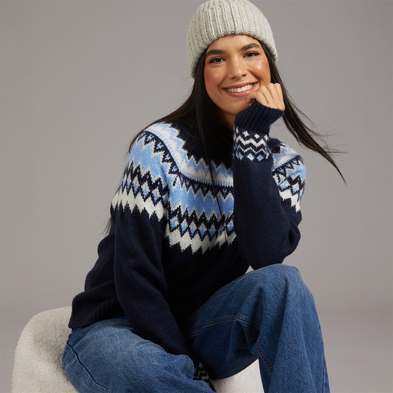 Dame fairisle rundhalset sweater Marineblå/Blå/Ivory - Billede 3