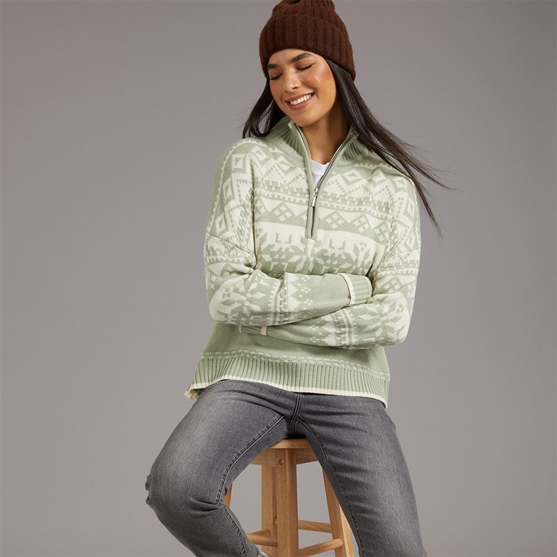 Dame half zip fairisle sweater Pastel Sage/Ivory - Billede 3