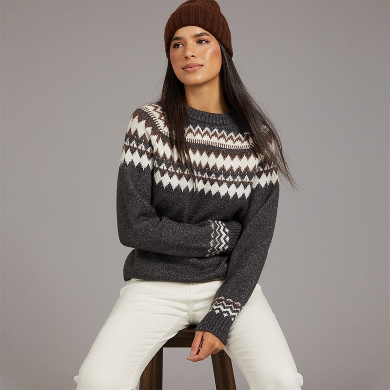Board Angels Dame fairisle rundhalset sweater - Mid Grey/Chocolate/Ivory