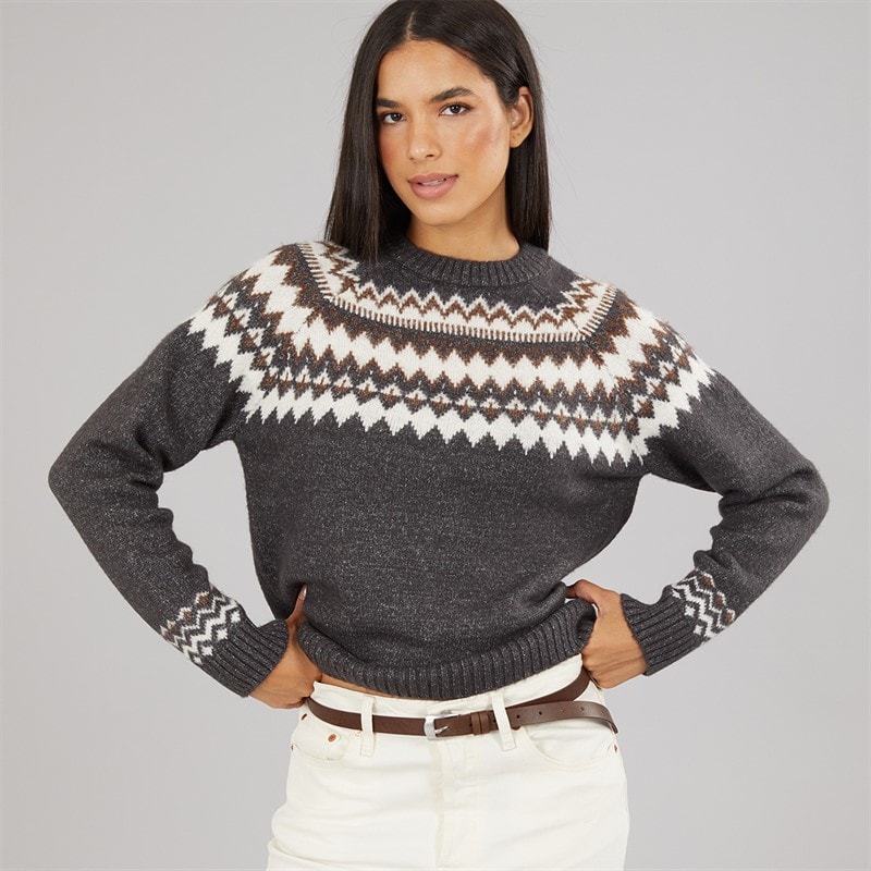 Dame fairisle rundhalset sweater Mid Grey/Chocolate/Ivory - Billede 3