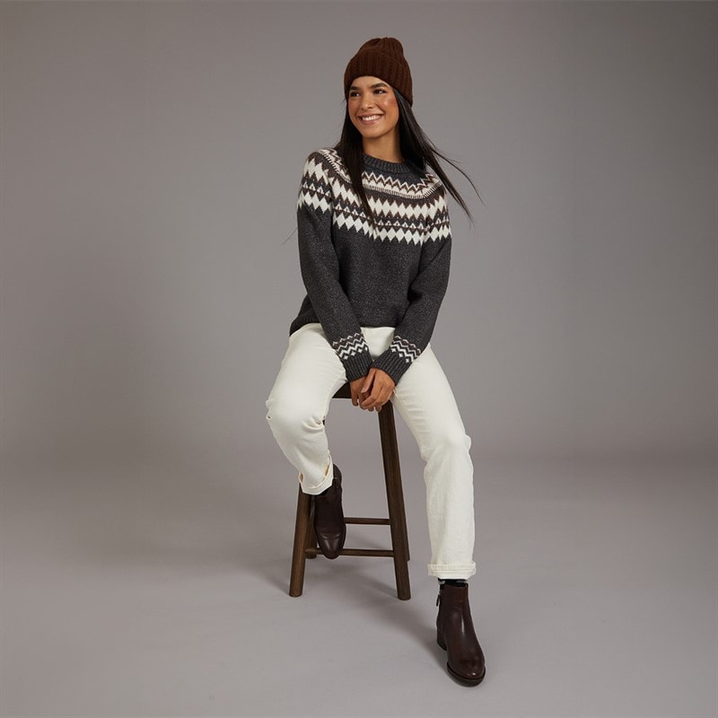 Dame fairisle rundhalset sweater Mid Grey/Chocolate/Ivory - Billede 4
