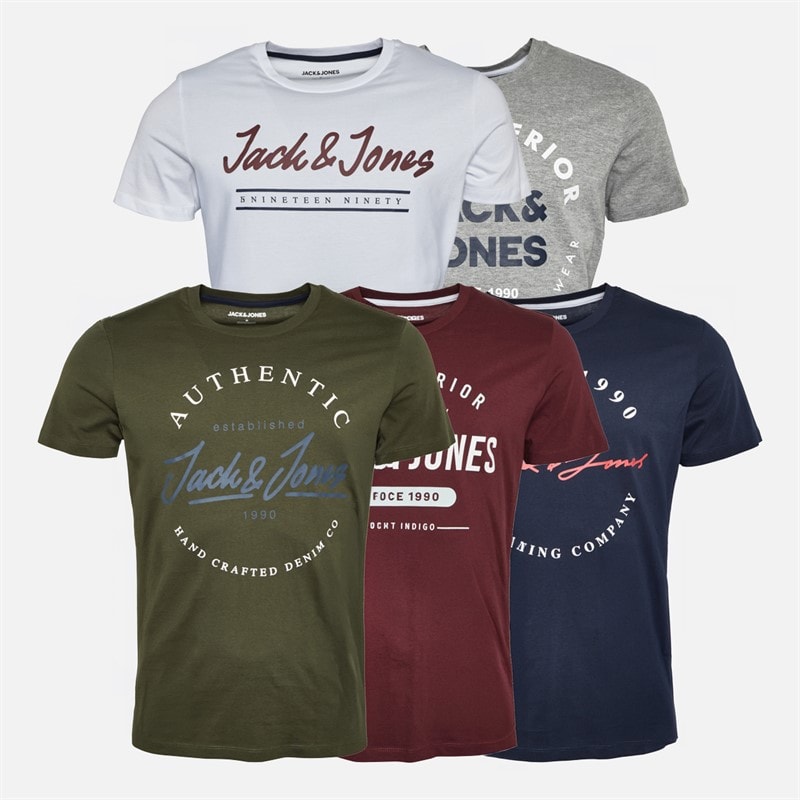 JACK & JONES Herre urban crew neck fempak t-shirts - Olive Night/Hvid/Hellgrå Melange/Navy Blazer