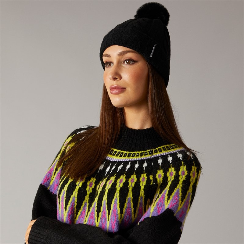 Dame kabelstrikket pompom hue Sort - Billede 2