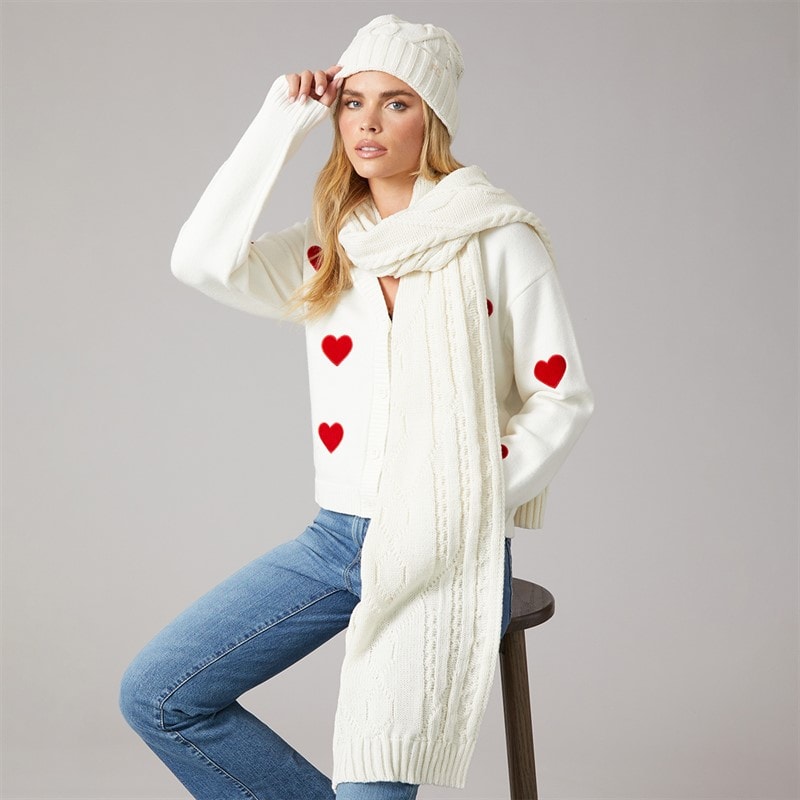 French Connection Dame kabelstrikket halstørklæde og hue sæt - Winter White/Camel