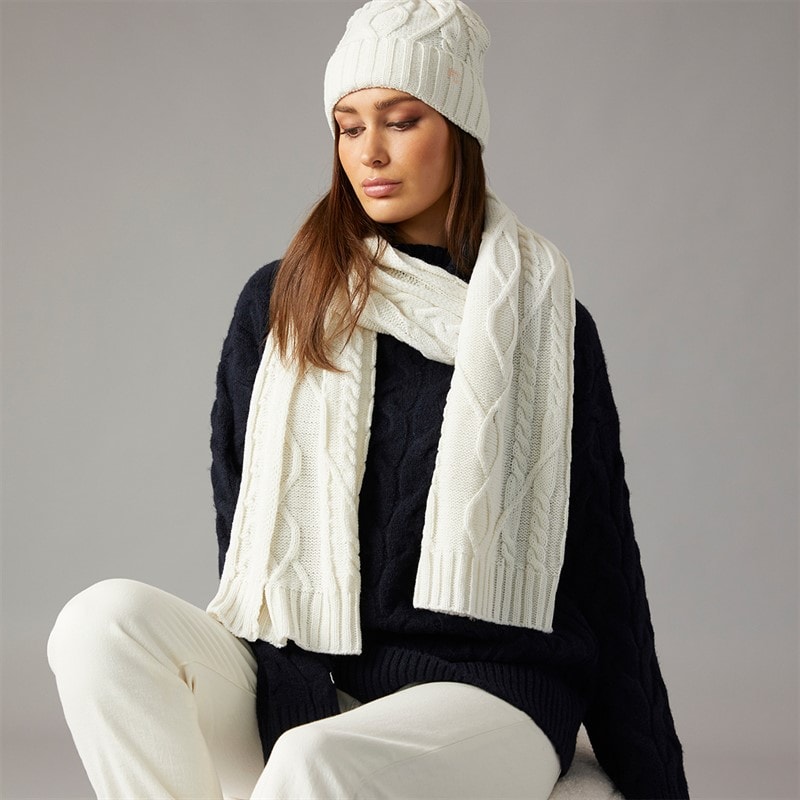 Dame kabelstrikket halstørklæde og hue sæt Winter White/Camel - Billede 2