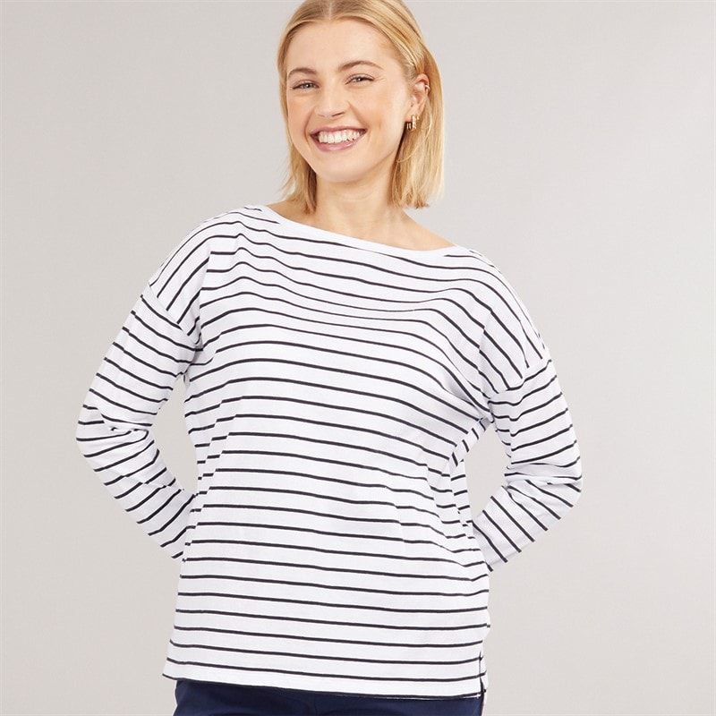 Dame bretonstribet langærmet t-shirt Hvid/Midnight - Billede 1