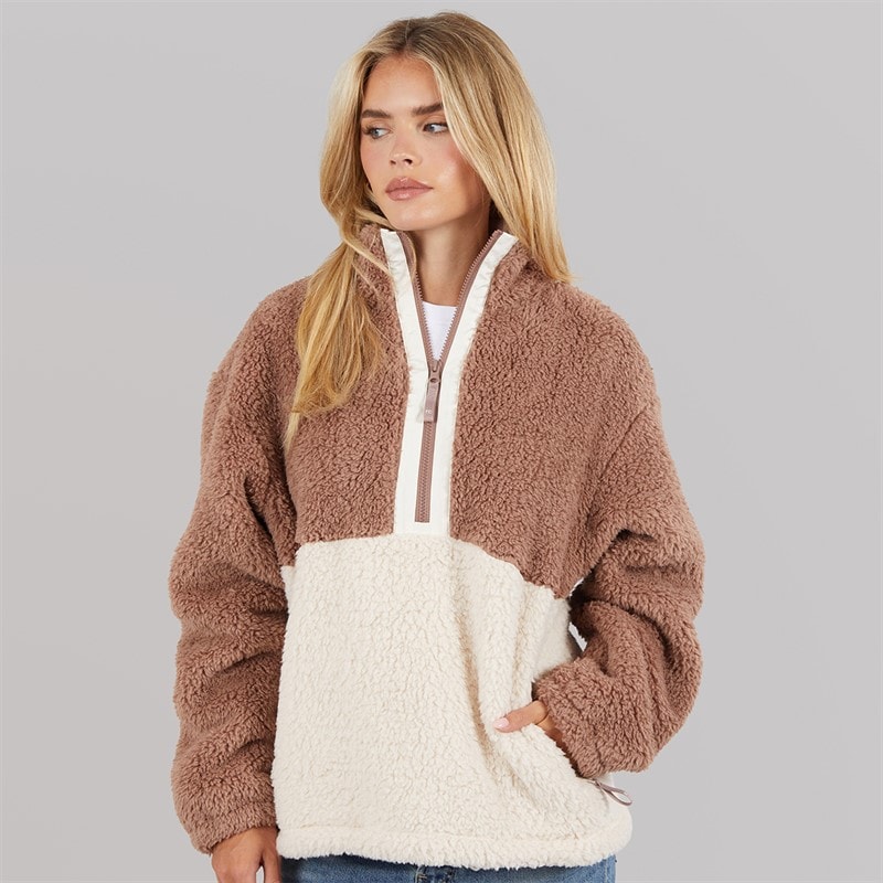Dame borg block fleece med 1/2 lynlås Mocha/Oatmeal - Billede 1