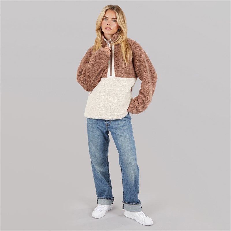Dame borg block fleece med 1/2 lynlås Mocha/Oatmeal - Billede 4