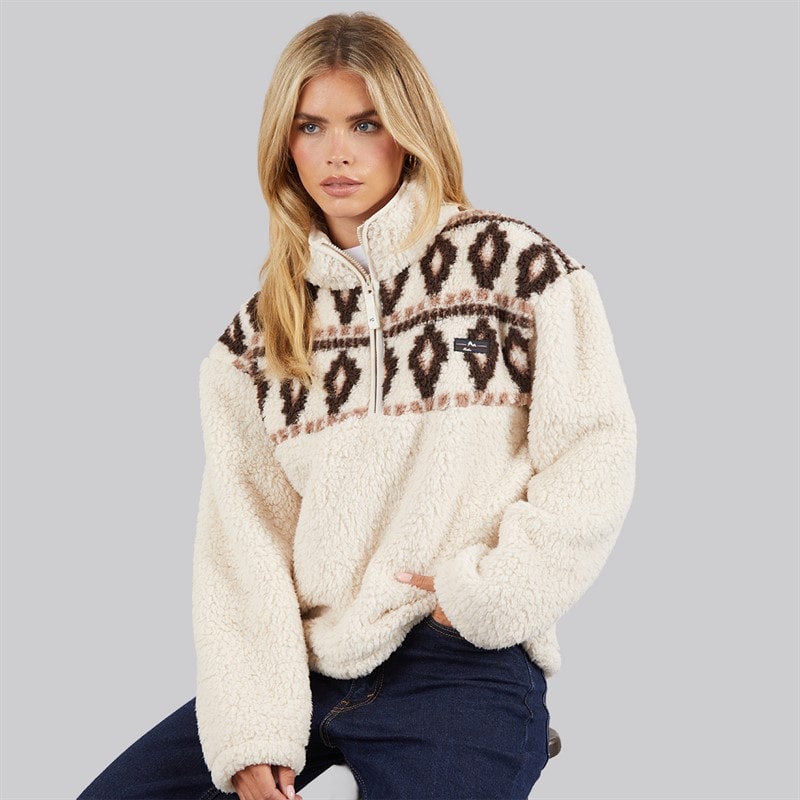 French Connection Dame borg fairisle fleece med lynlås - Oatmeal