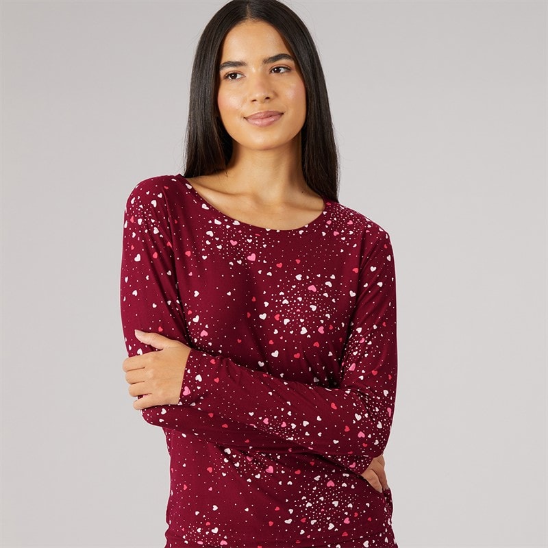 Dame soft touch pyjamasæt med hjerter Bourgogne - Billede 3